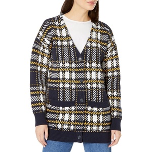 image:imageCable Stitch Womens Oversized Button Front Leopard Plaid Print Sweater Cardigan with Pockets VNeck Jacquard Coatigan Medium Multi Navy